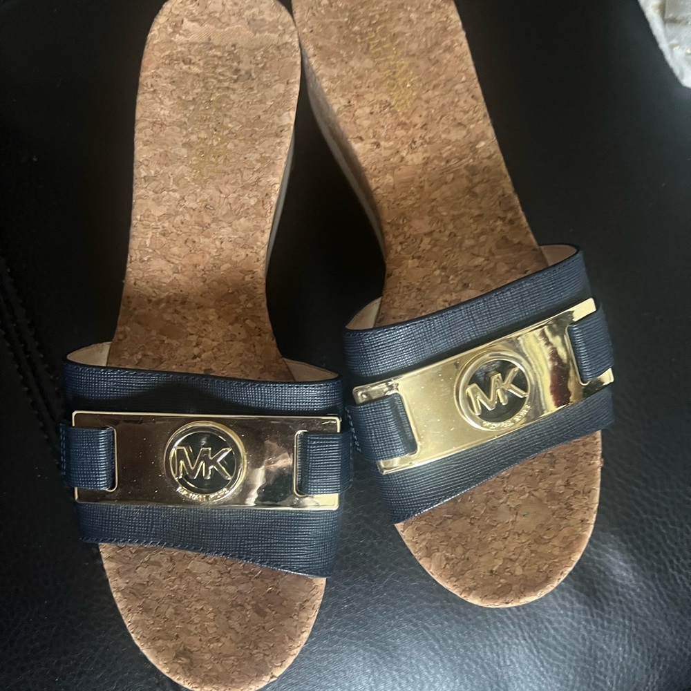 Michael Kors Navy Blue Sandals with Gold Accents